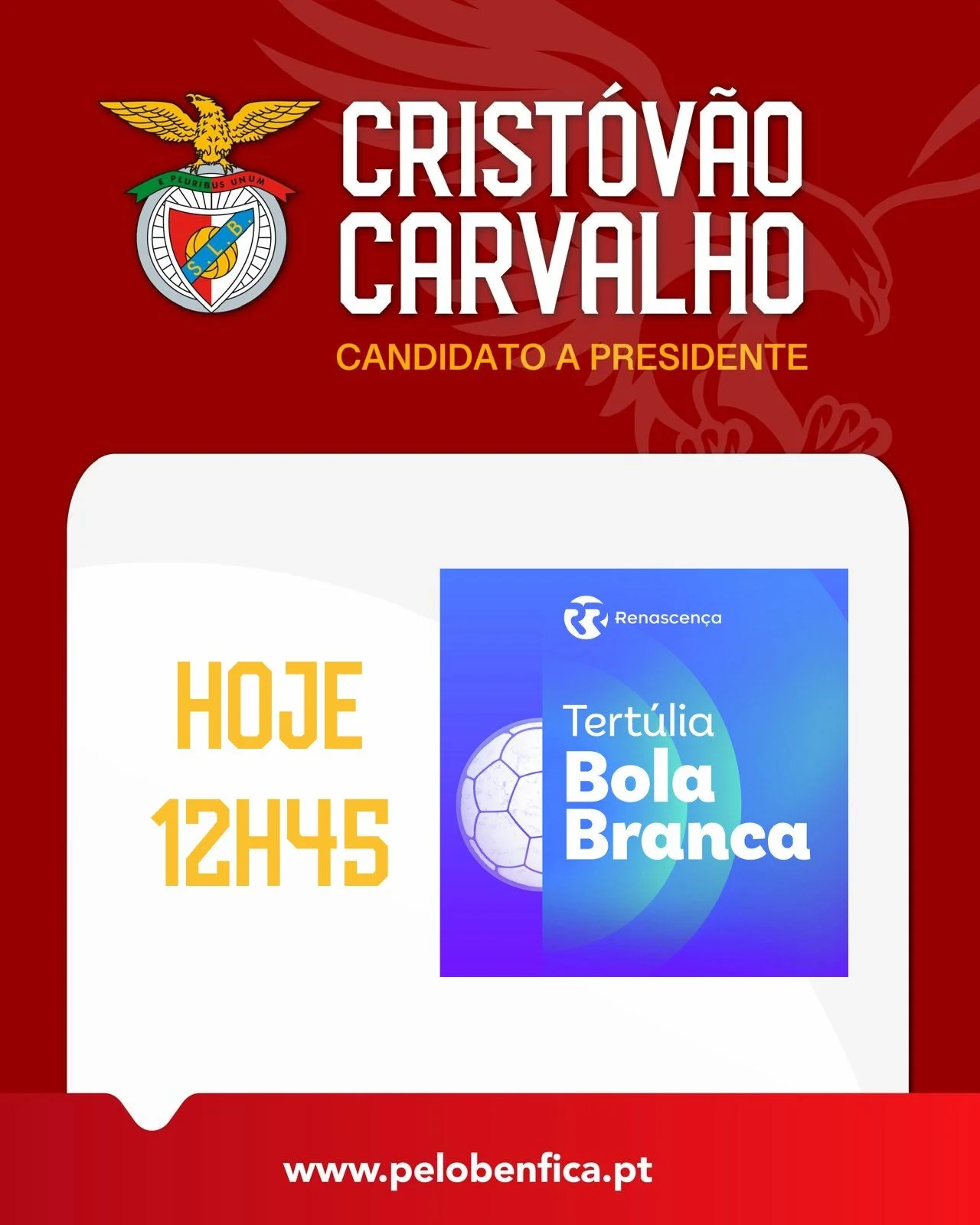 Benfiquistas, acompanhem o programa da Bola Branca, da Radio Renascen&ccedil;a as 12h45. Falo sobre as nossas propostas e como podemos mudar o Benfica. Conto convosco!