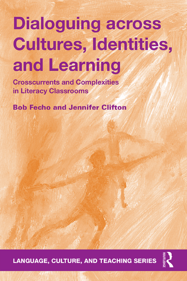 Book cover titled 'Dialoguing across Cultures, Identities, and Learning,' with an orange background, purple and black text, and an abstract illustration of two people dancing or holding hands.