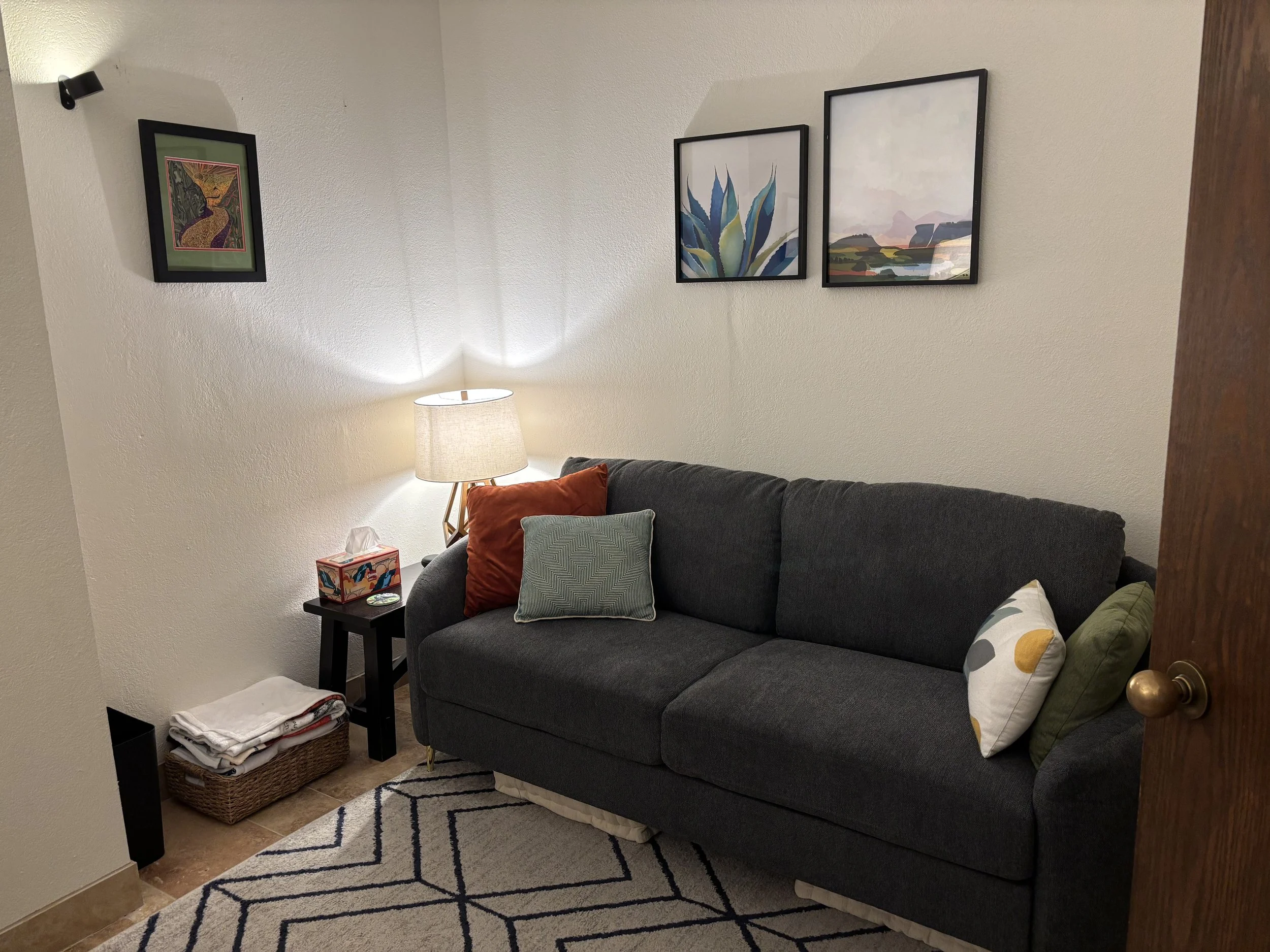 A cozy room with a dark gray sofa adorned with patterned and solid-colored pillows. To the left, a small black side table holds a colorful tissue box and some miscellaneous items. A floor lamp with a beige shade lights the area, creating a warm ambiance. Behind the sofa, a white wall is decorated with three framed landscape and botanical artwork. A basket with neatly folded towels sits on the floor near the side table, and a rug with black and white geometric patterns covers part of the tile floor. The scene is viewed partially from an open doorway.