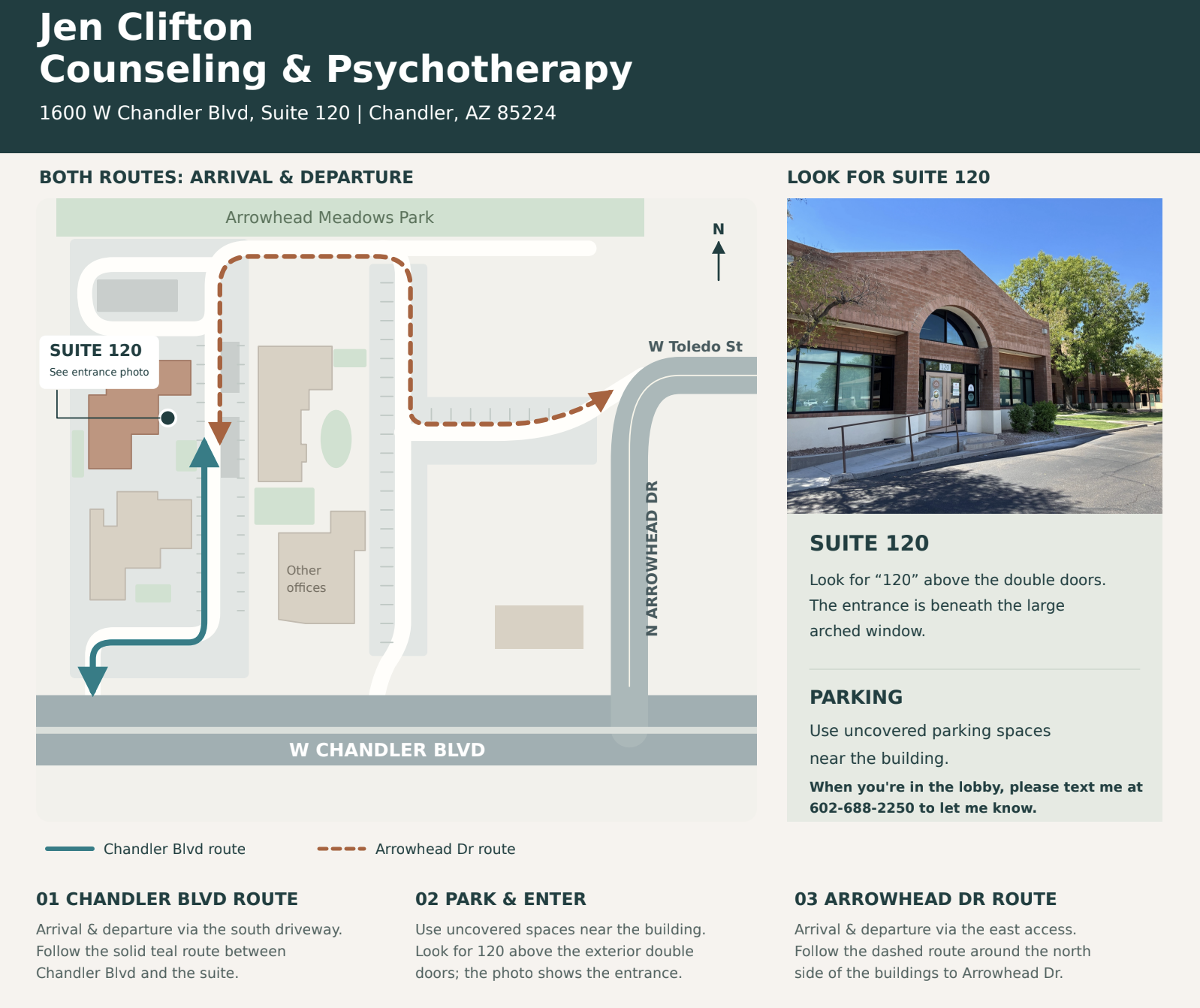 Map and directions for Jen Clifton Counseling & Psychotherapy at 1600 W Chandler Blvd, Suite 120, Chandler, AZ. Contains a photo of the building entrance, with instructions to look for suite 120 above the double doors and the large arched window. The map shows routes via Chandler Blvd, Arrowhead Dr, and W Toledo St, with labeled parking areas and routes for arrival and departure.