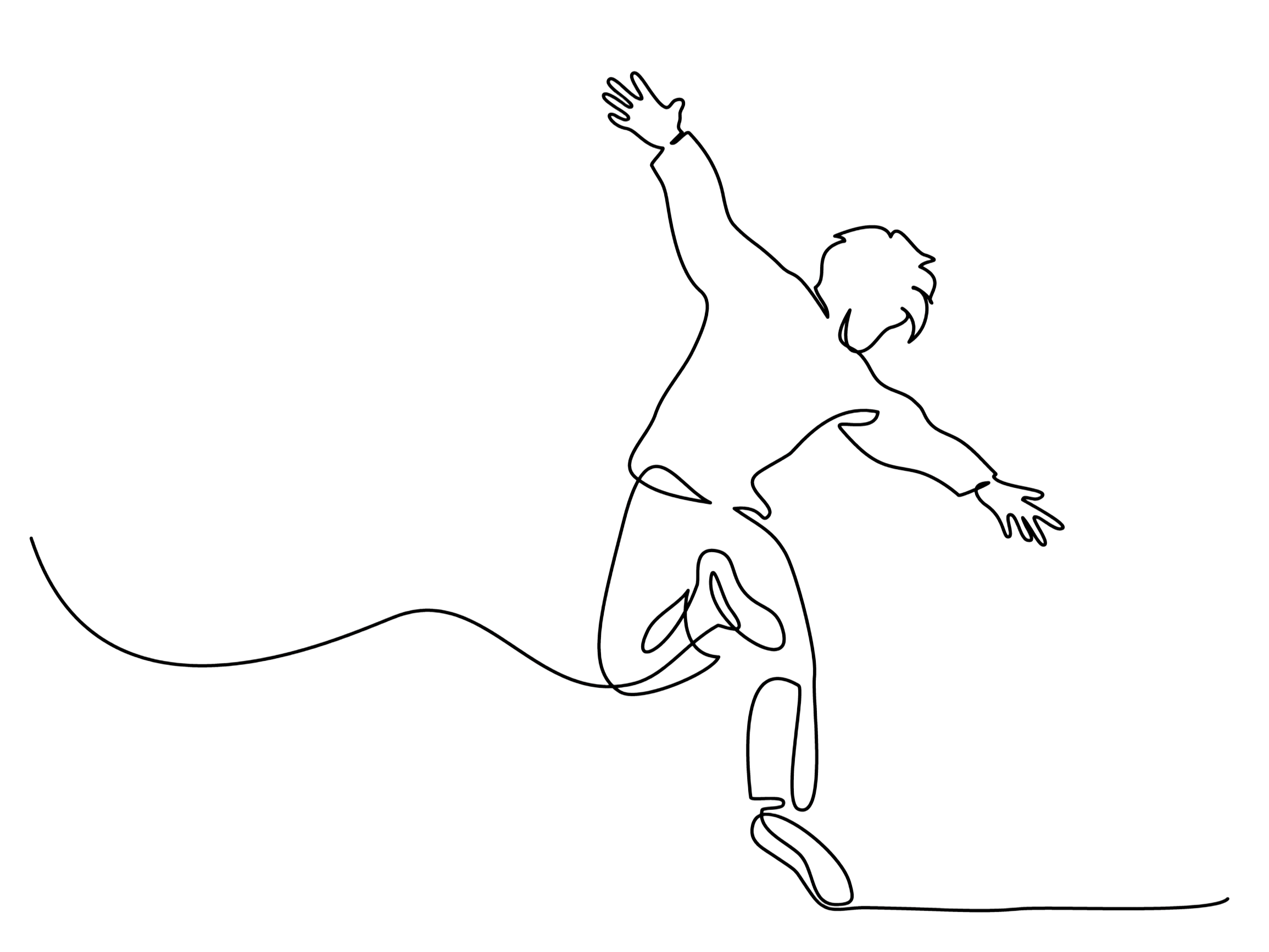Line drawing of a person jumping or dancing against a black background.