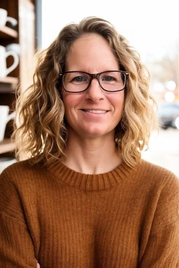Jen Clifton, LAC, w woman with curly blonde hair and glasses, is smiling, wearing a brown sweater, in an indoor setting with shelves and outdoor view visible in the background.