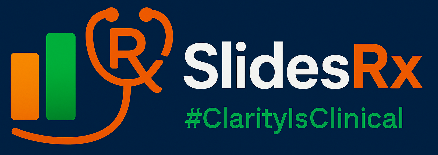 Logo for SlideRx with a stylized stethoscope wrapped around a bar chart and the text 'SlideRx #ClarityIsClinical' in white, green, orange, and dark blue colors.