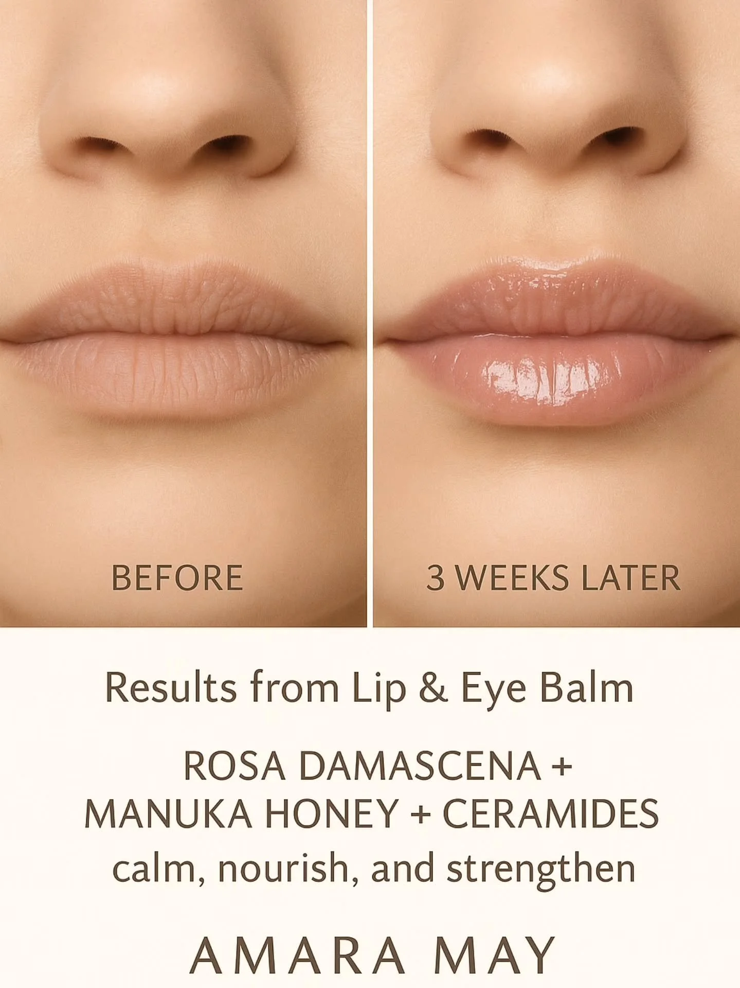 3 weeks of real results 💫
Smoother lips. Softer skin. Stronger barrier.
Powered by Rosa Damascena, Manuka Honey &amp; Ceramides &mdash; calm, nourish, and glow made simple.

#AmaraMayBeauty #LipAndEyeBalm #YourRoutineSimplified #HydrateAndGlow #Real