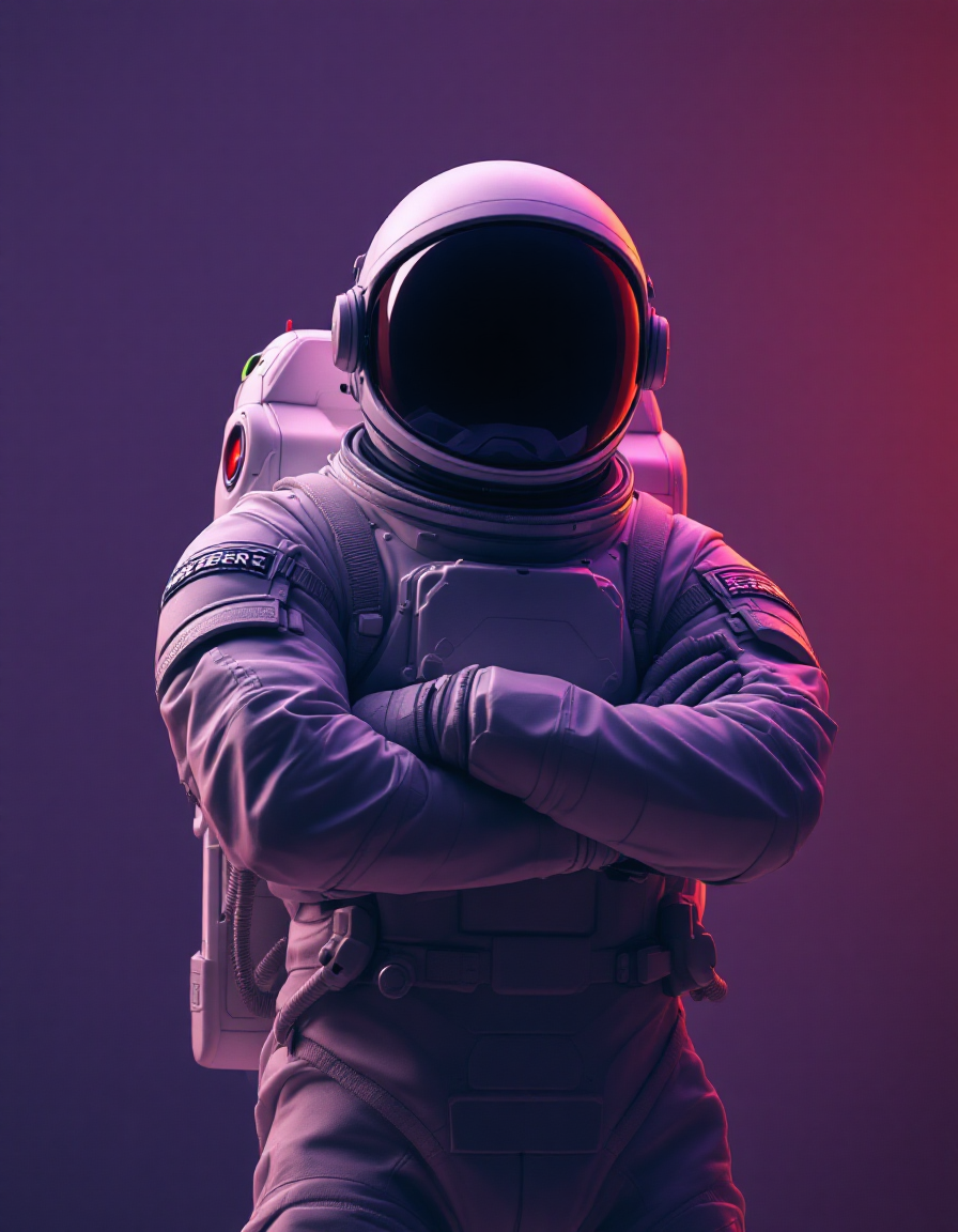 An astronaut in a spacesuit with arms crossed, facing forward against a dark gradient background with purple and pink lighting.