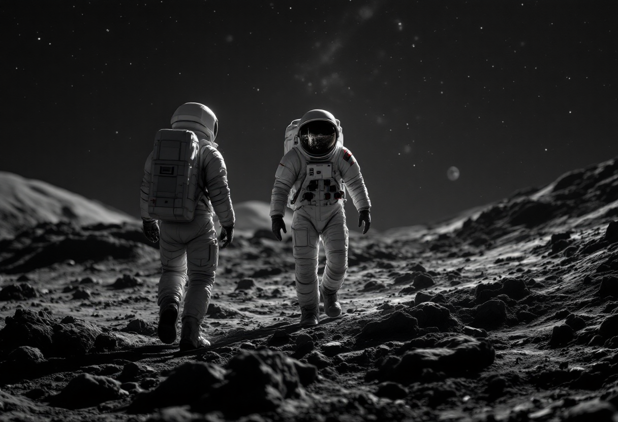 Two astronauts walking on the lunar surface with stars in the background.
