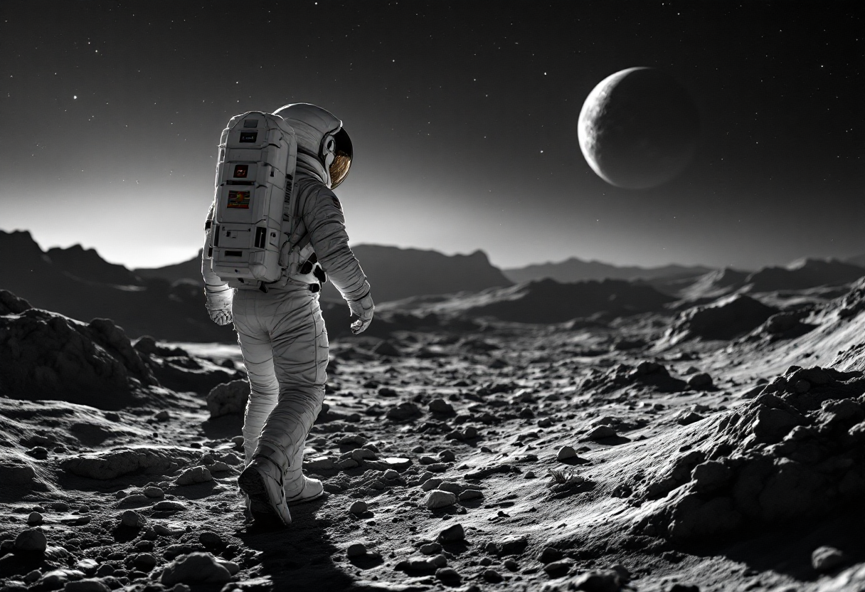 An astronaut in a spacesuit walking on the lunar surface during a celestial event, with a large moon and stars visible in the sky.