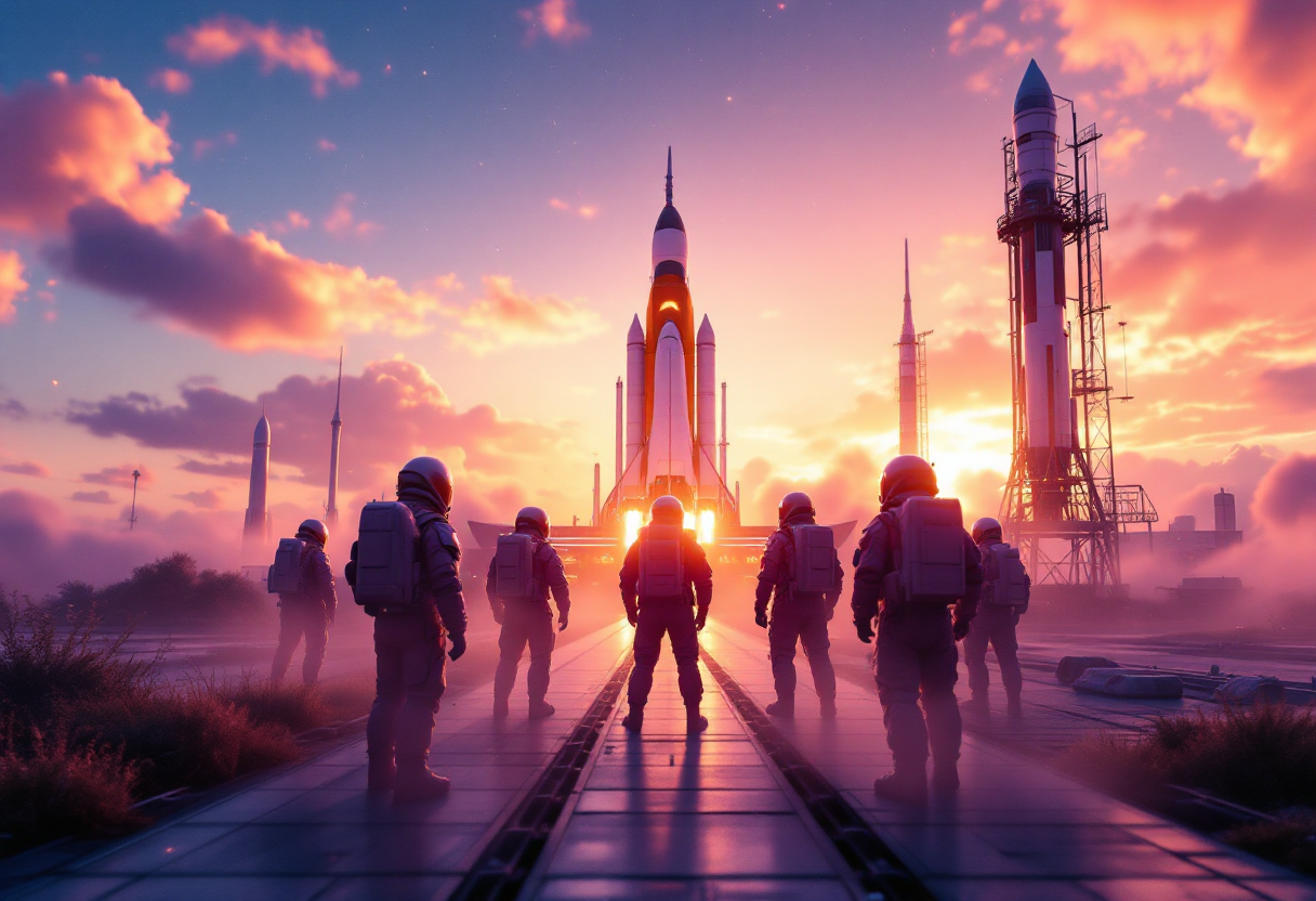 A group of astronauts standing on a launchpad, facing a rocket during sunset, with a colorful sky and clouds in the background.
