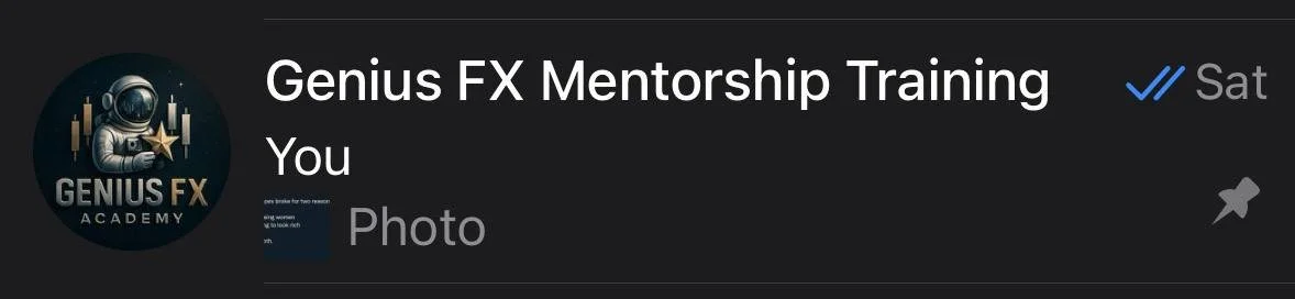 Screenshot of a message from Genius FX Mentorship Training on Facebook, showing the group name, a profile picture of an astronaut holding a star, and the admin's name 'You'.