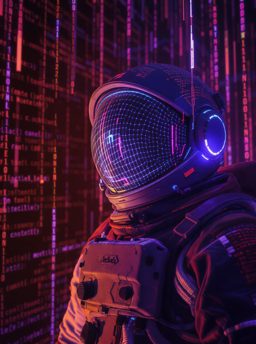 Futuristic astronaut in virtual reality suit with holographic display and digital background.