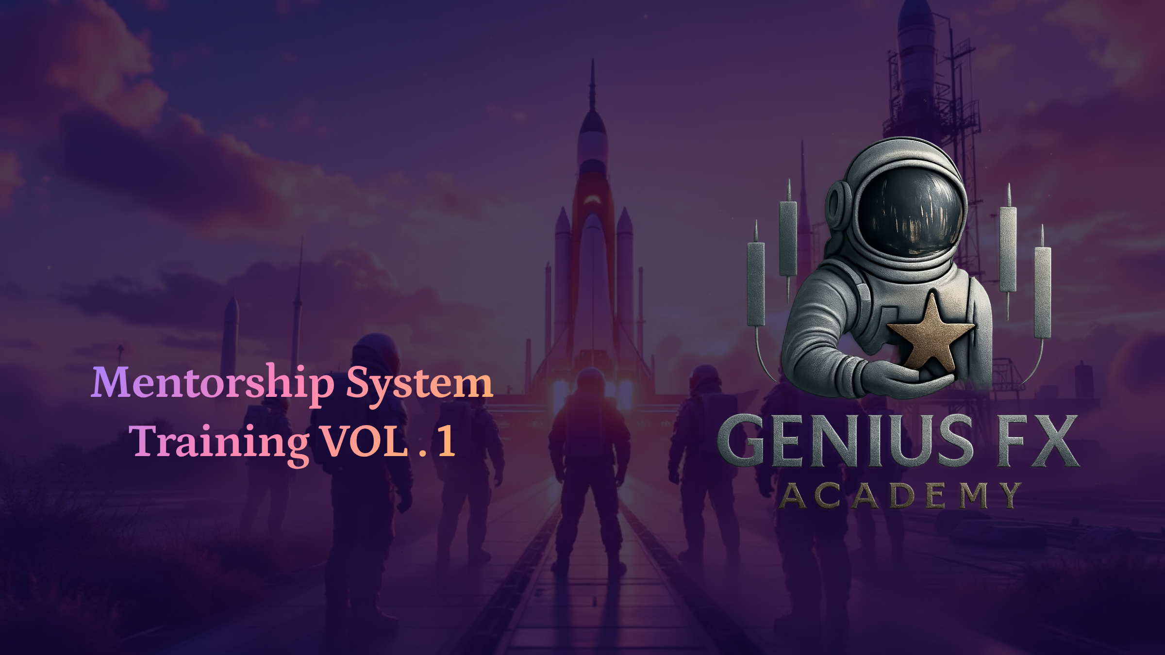 Promotional image for Mentorship System Training VOL. 1, featuring a space-themed background with a rocket, astronauts, and the Genius FX Academy logo with an astronaut holding a star.