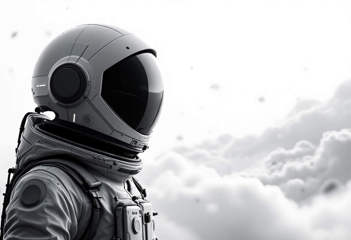 An astronaut in a gray space suit and helmet looking into the distance with a cloudy sky in the background.