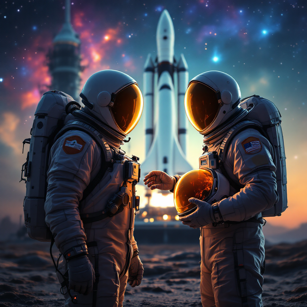 Two astronauts in space suits stand on a lunar surface, exchanging a handshake with a rocket launching in the background during a starry night sky.