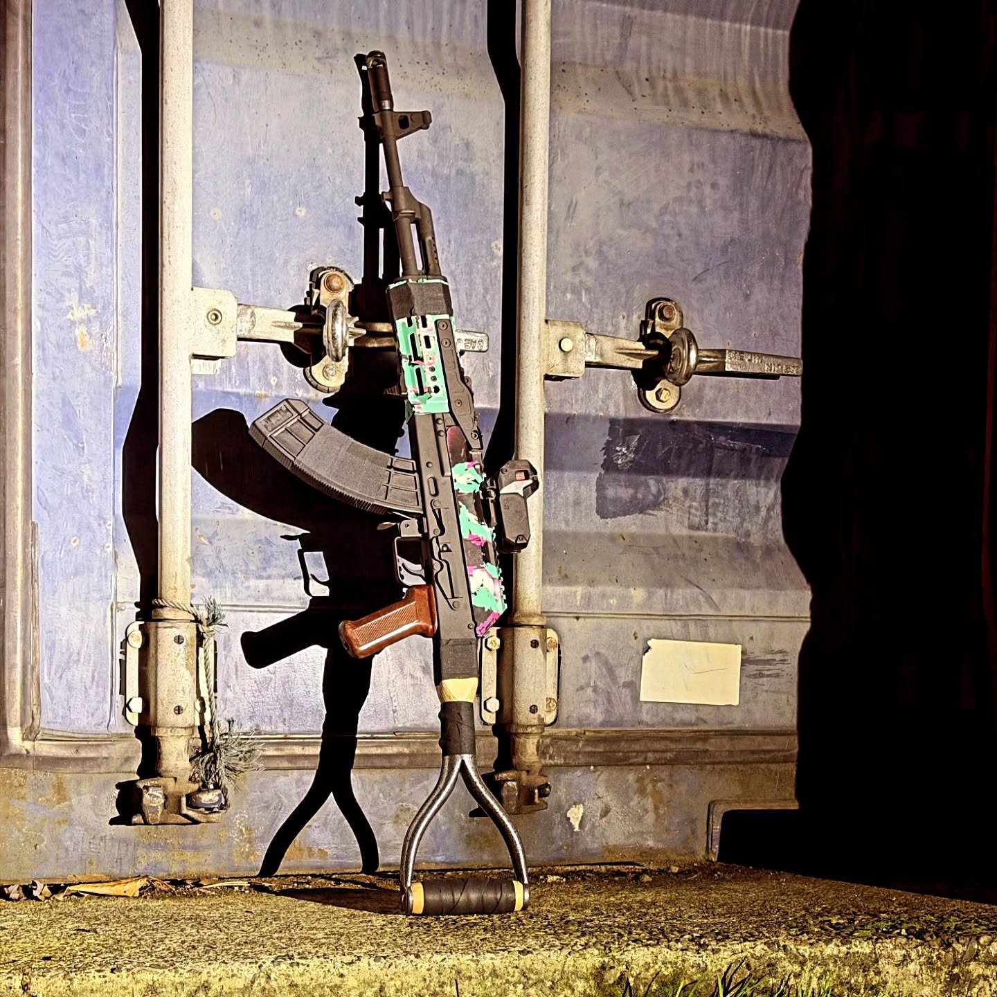 Someone let one of our AKs out last night and we found it posing seductively by the Conex 😍