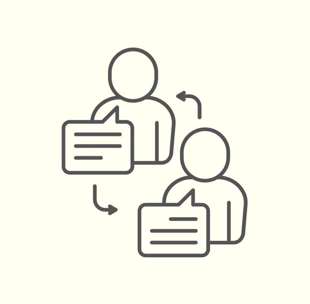 Line drawing of two people exchanging speech bubbles with arrows indicating conversation flow.
