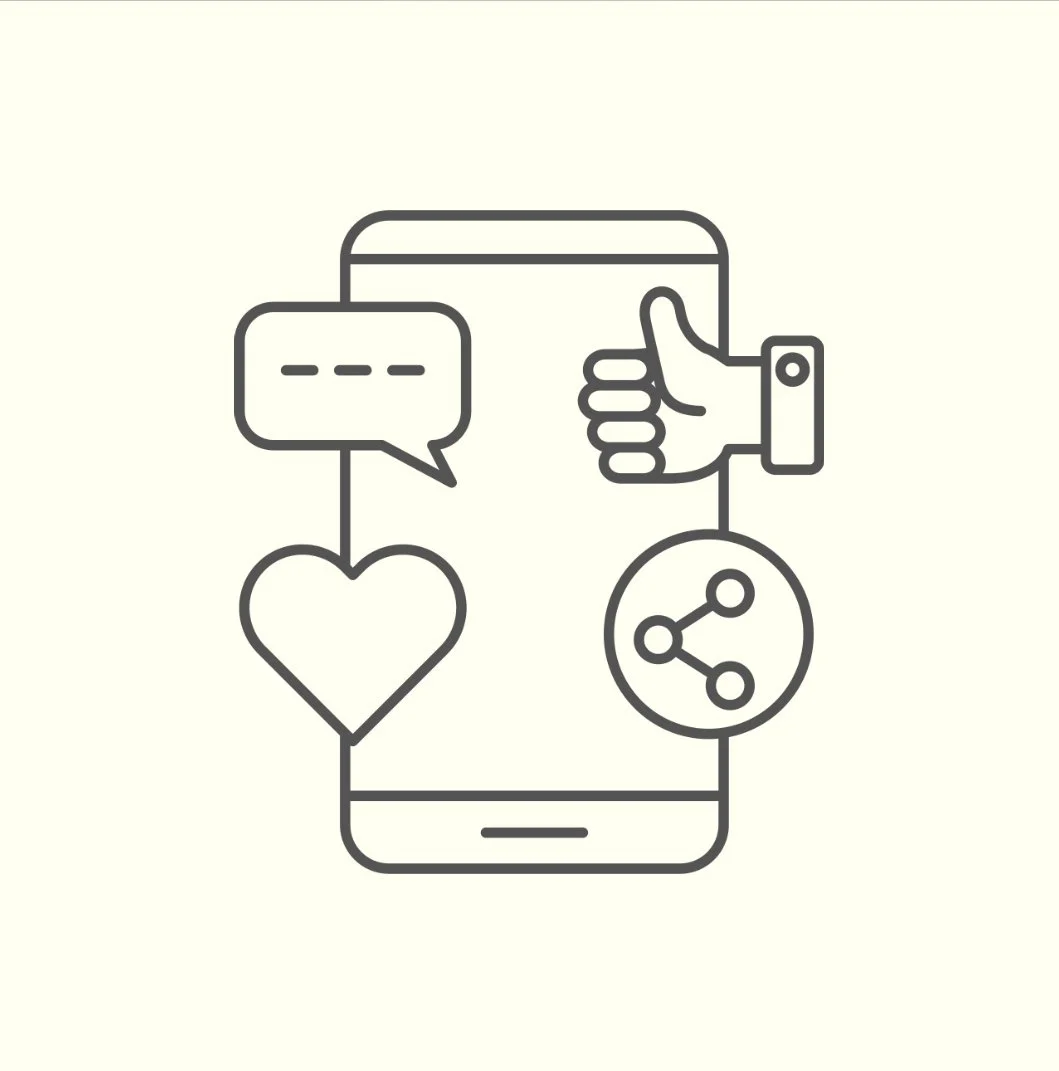Line drawing of a smartphone displaying icons including a speech bubble, a heart, a thumbs up, and a share symbol.