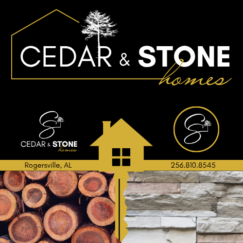 Logo for Cedar & Stone Homes with a pine tree, house icon, and contact information, featuring wood logs and stone siding images.