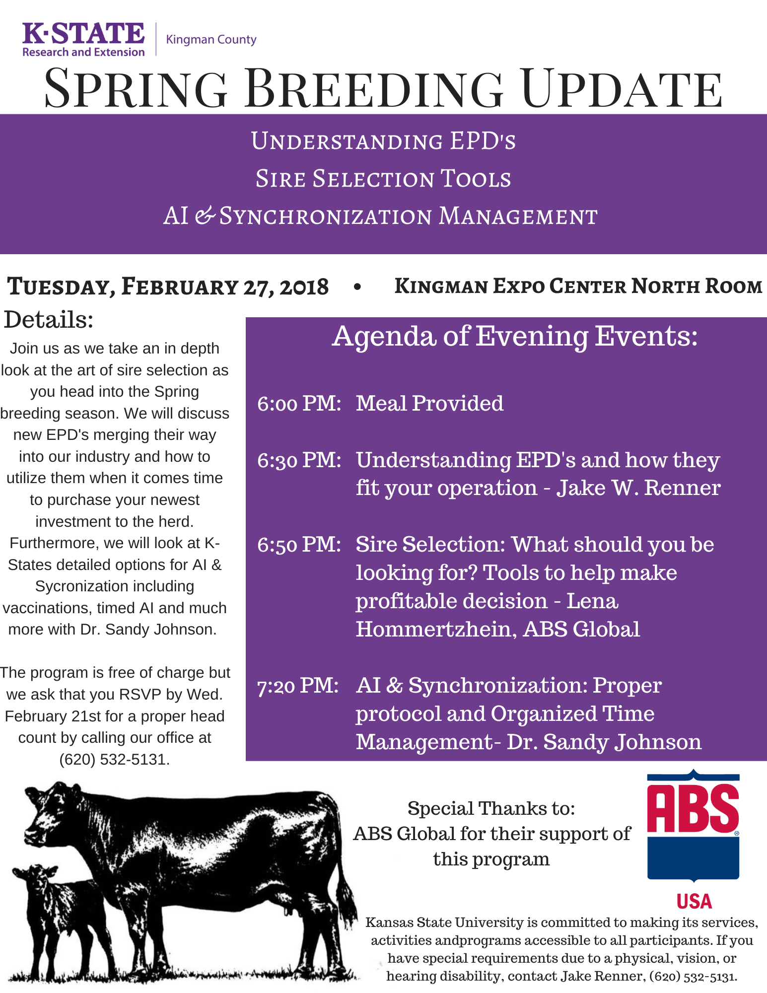 Event flyer titled 'Spring Breeding Update' hosted by K-State Research and Extension in Kingman County, dated February 27, 2018, at Kingman Expo Center North Room. The flyer outlines evening event agenda with meal at 6:00 PM and sessions on sire sele