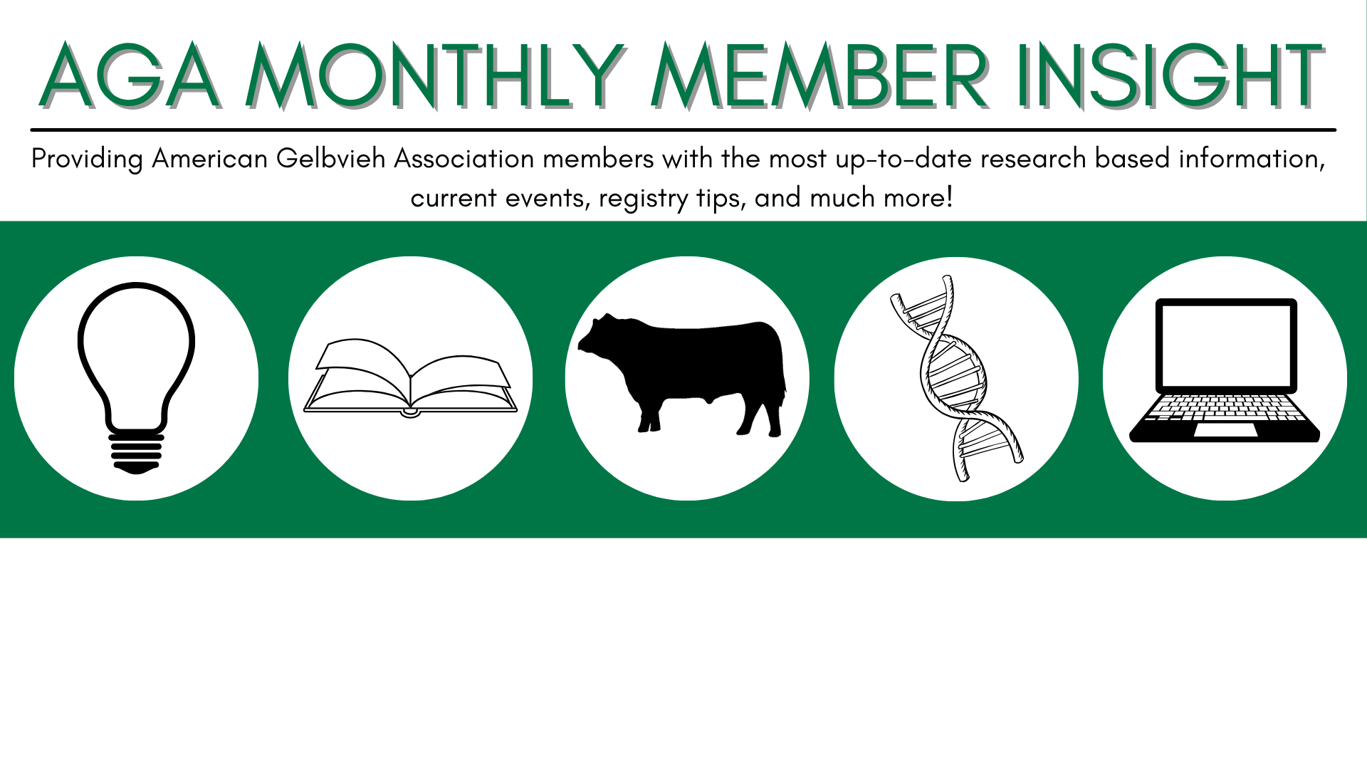 A graphical flyer titled 'AGA Monthly Member Insight' with icons representing a lightbulb, book, cow, DNA helix, and laptop, indicating research, education, agriculture, genetics, and technology for American Gelbvieh Association members.