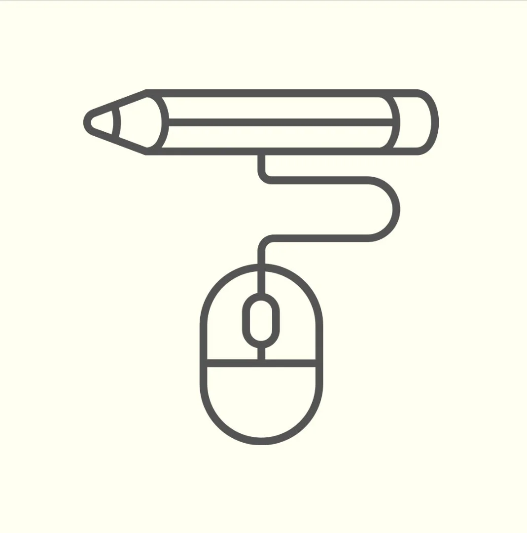 A minimalist line drawing of a computer mouse connected to a pen, with the pen's tip resembling a pencil.