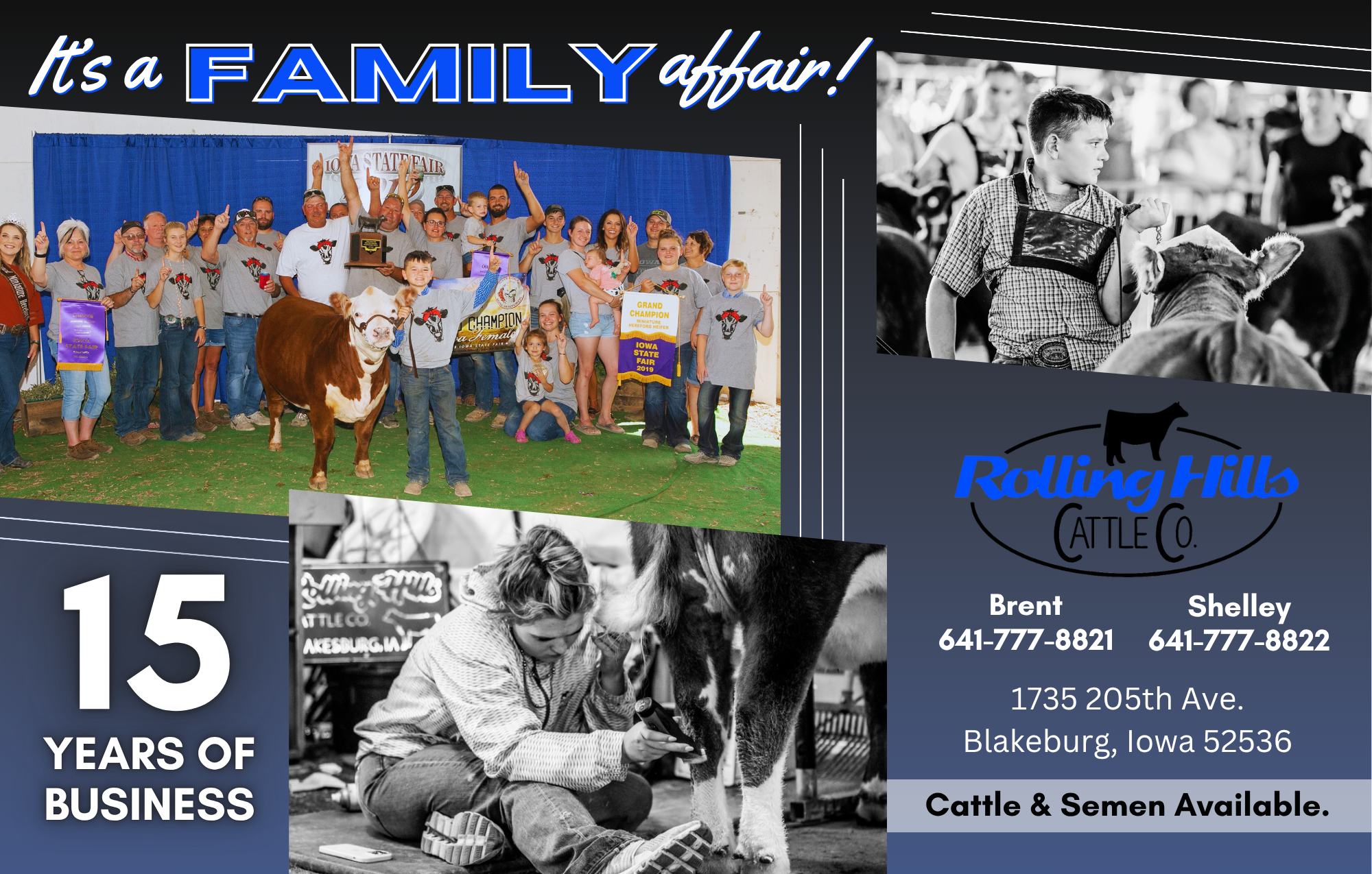 A graphic celebrating 15 years of Rolling Hills Cattle Co. with photos of a large group at a cattle fair, a girl inspecting a cow, and a young boy at the fair. The company's logo, contact information, and address are included, as well as text indicat