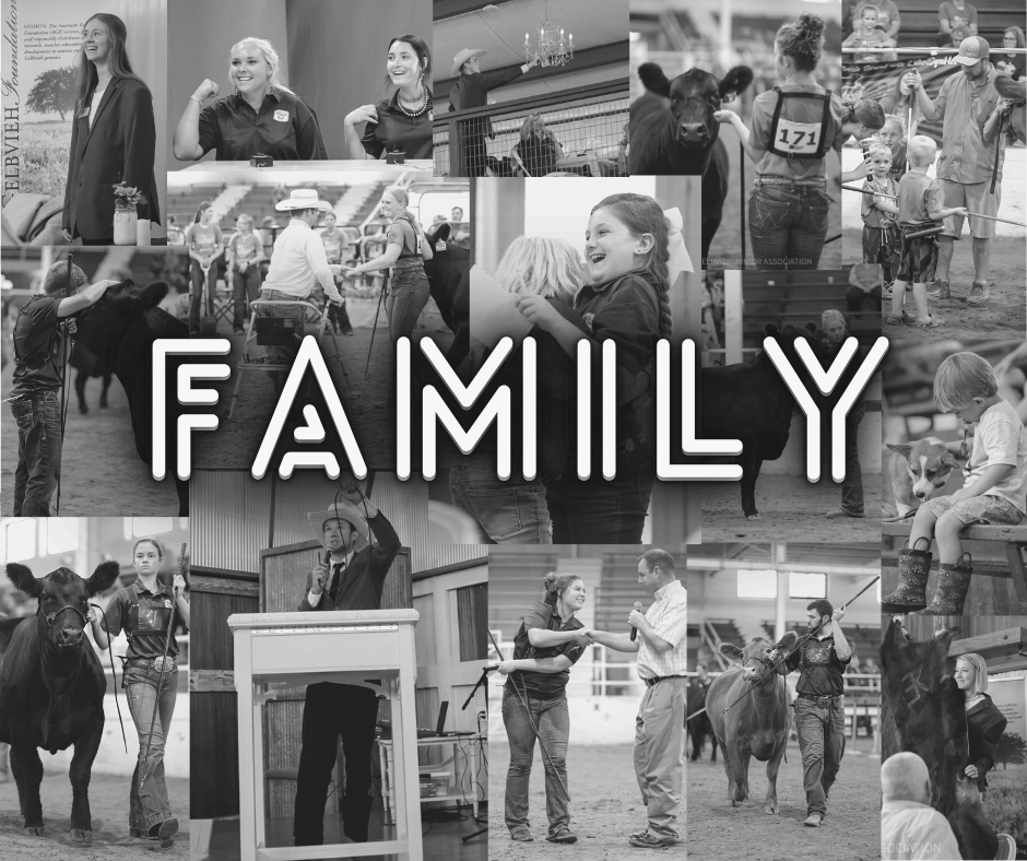 Collage of moments from a family-friendly event featuring children, adults, and animals like cows and horses, engaging in activities such as petting animals, riding, and presenting on stage, with the word 'FAMILY' overlaid in large letters.