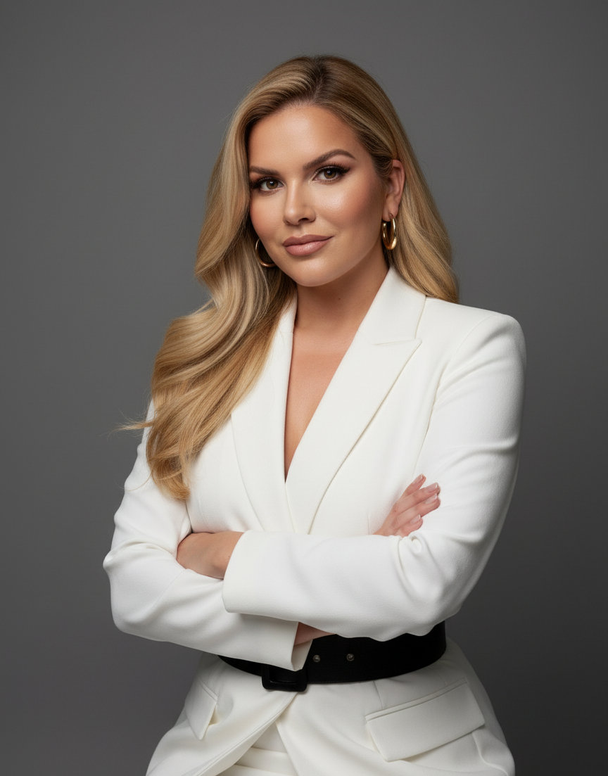 A woman with long blonde hair and makeup, smiling slightly, wearing a black shirt or jacket against a dark background.
