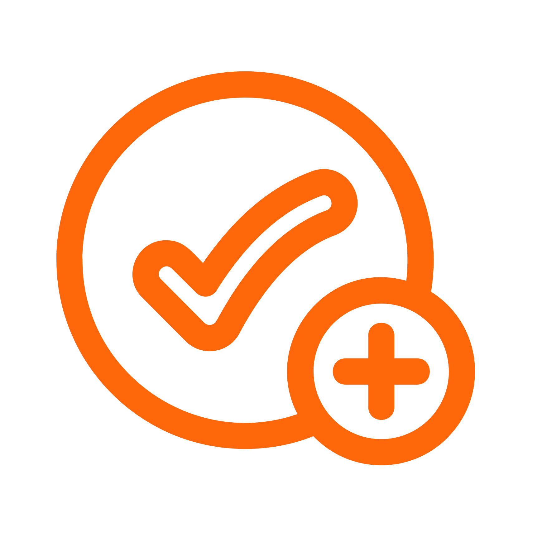 Bright orange checkmark inside a circle with an overlapping plus sign, symbolizing approval, addition, or successful inclusion on a transparent background.