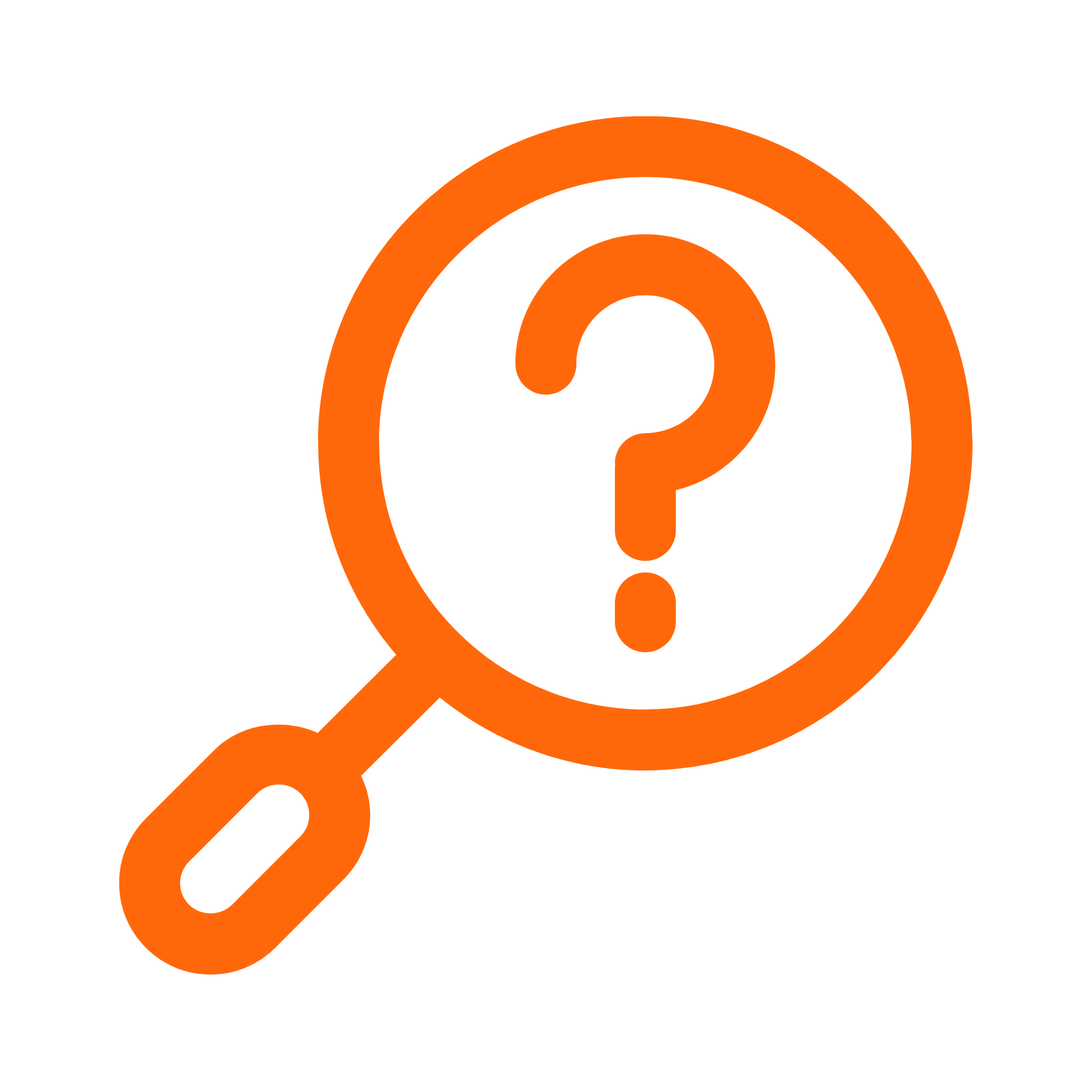 Orange magnifying glass icon with a question mark inside, symbolizing search, inquiry, or the need for information or help, set against a transparent background.