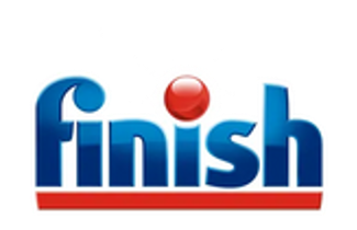 Finish brand logo with stylized blue text and a red dot, featuring a splash behind the text.
