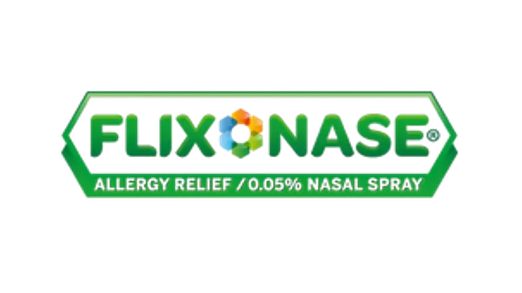 Flixonase allergy relief nasal spray logo in green with colorful spray illustration.