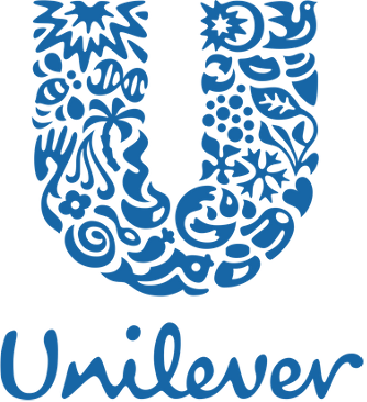A blue logo featuring a stylized letter U decorated with abstract floral and wave patterns, with the word 'Unilever' written below.