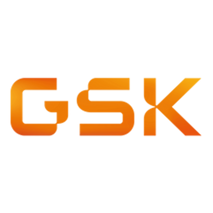 GSK logo in orange gradient lettering on a black background.