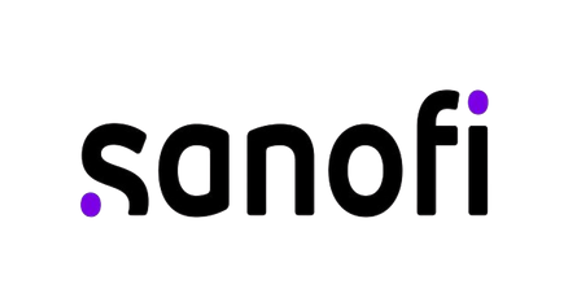 Sanofi logo with black text and small purple dots near the 's' and 'i'.