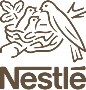 Nestlé logo featuring a bird sitting in a nest with two eggs