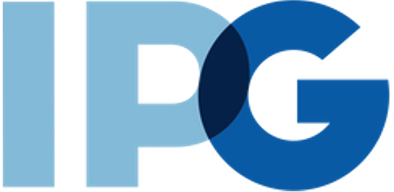 Close-up of an RGB logo with overlapping blue, navy, and dark blue letters.