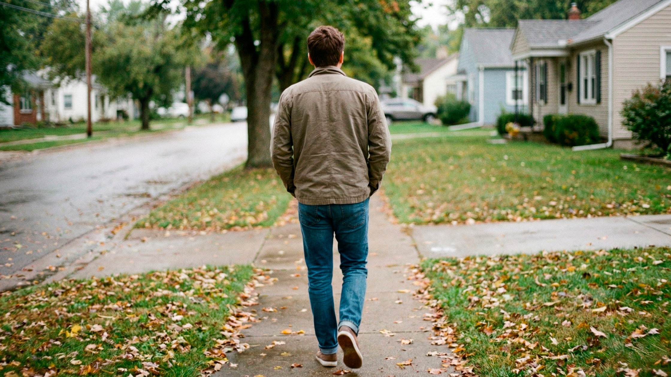 Person walking alone down a quiet residential street, symbolizing intentional career change and forward momentum.