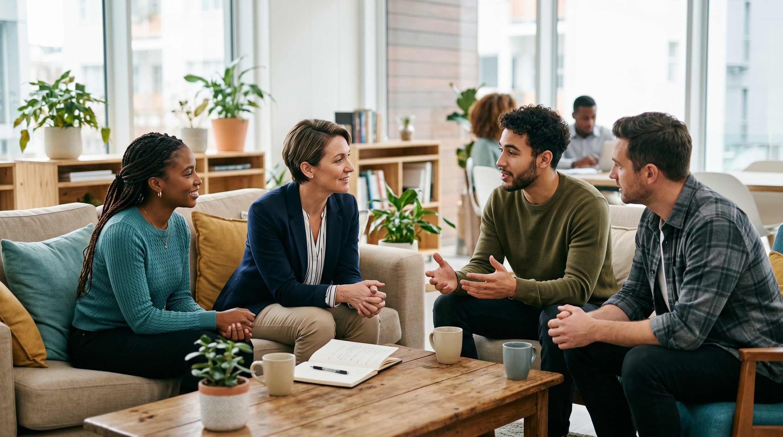 A small team having an open, honest conversation in a bright office lounge to rebuild trust and morale