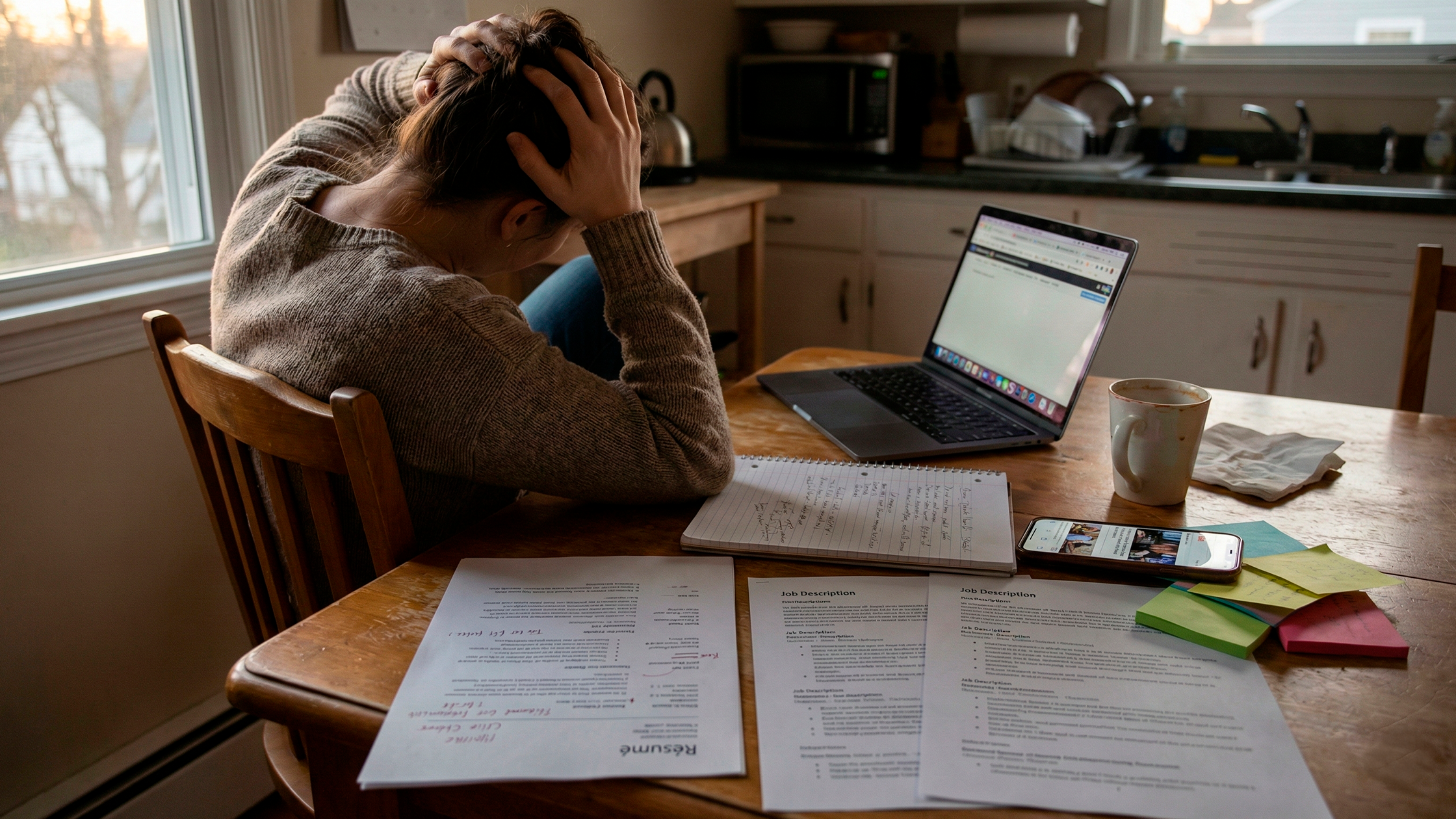 Professional sitting at a desk reviewing papers and notes, reflecting on career direction and next steps.