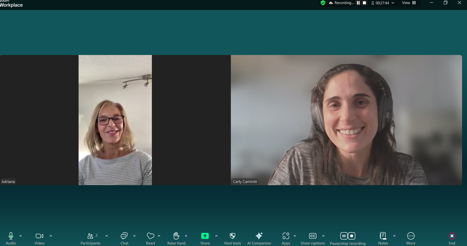 Zoom video call featuring two women, one with glasses and blonde hair, smiling in a striped shirt, and the other with long dark hair, smiling and wearing headphones, in a home or office setting.