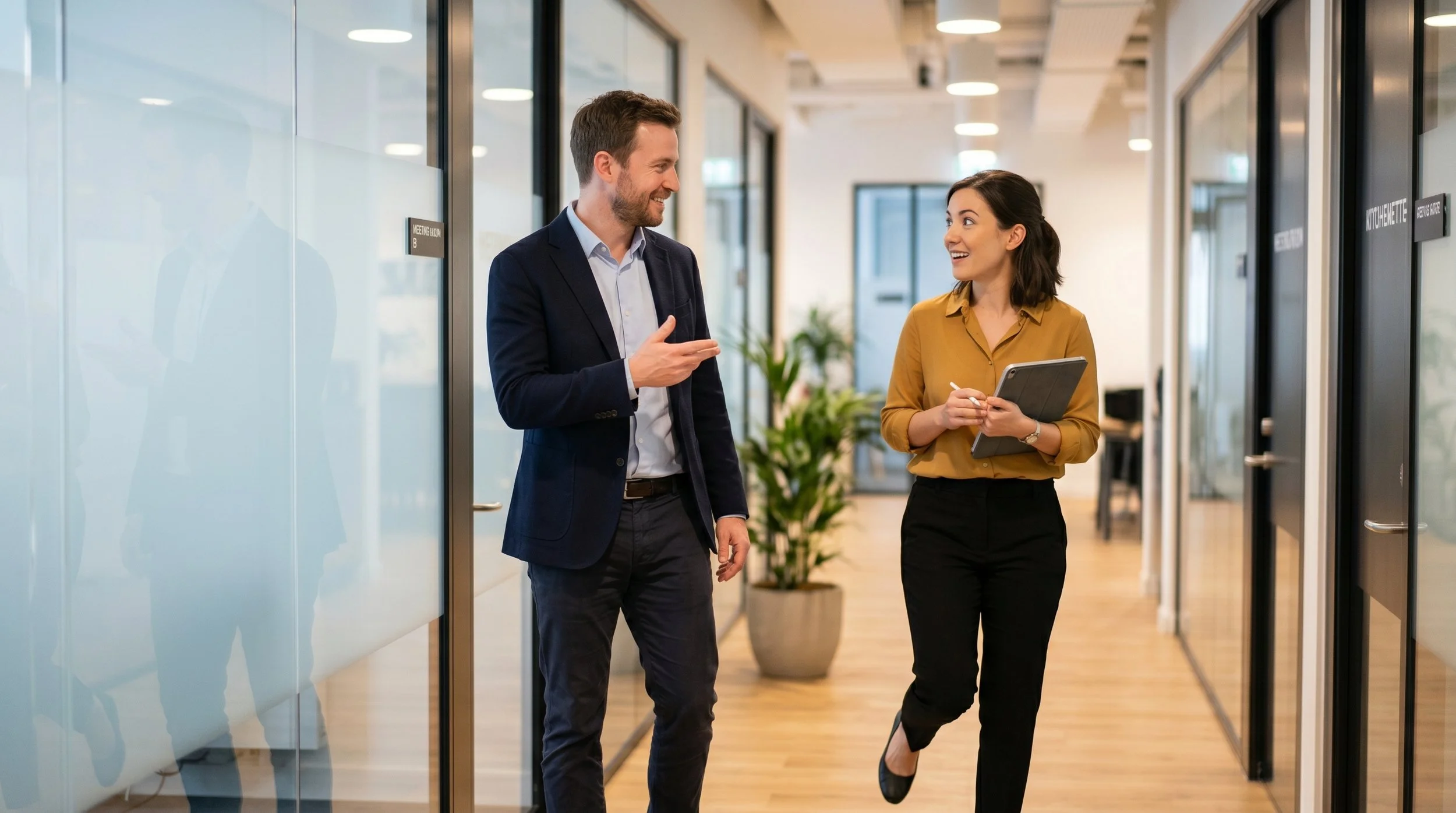 A manager delivering timely, informal feedback to a colleague in a modern office hallway