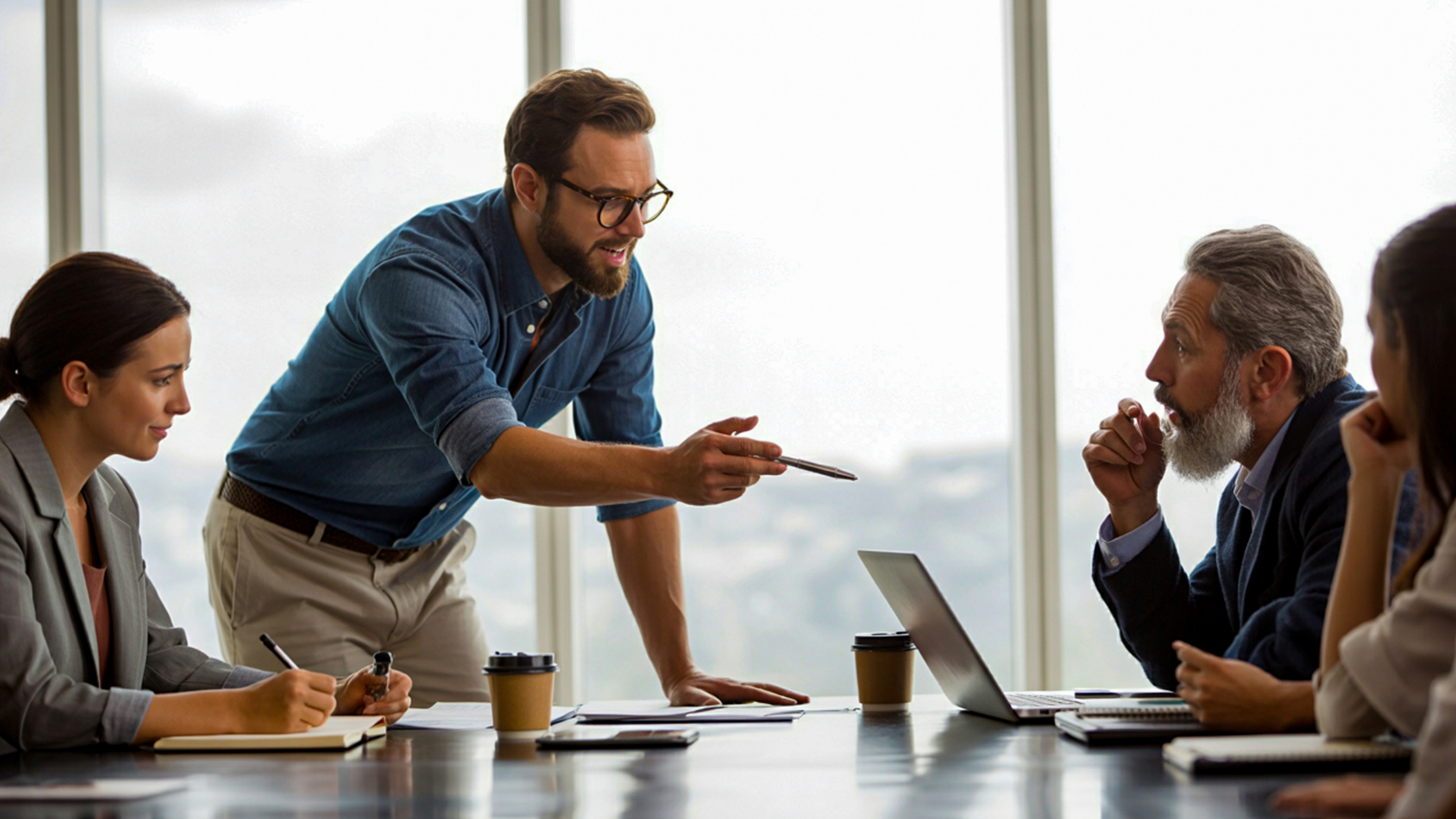A manager leaning over a conference table to address his team during a direct conversation in a sunlit meeting room