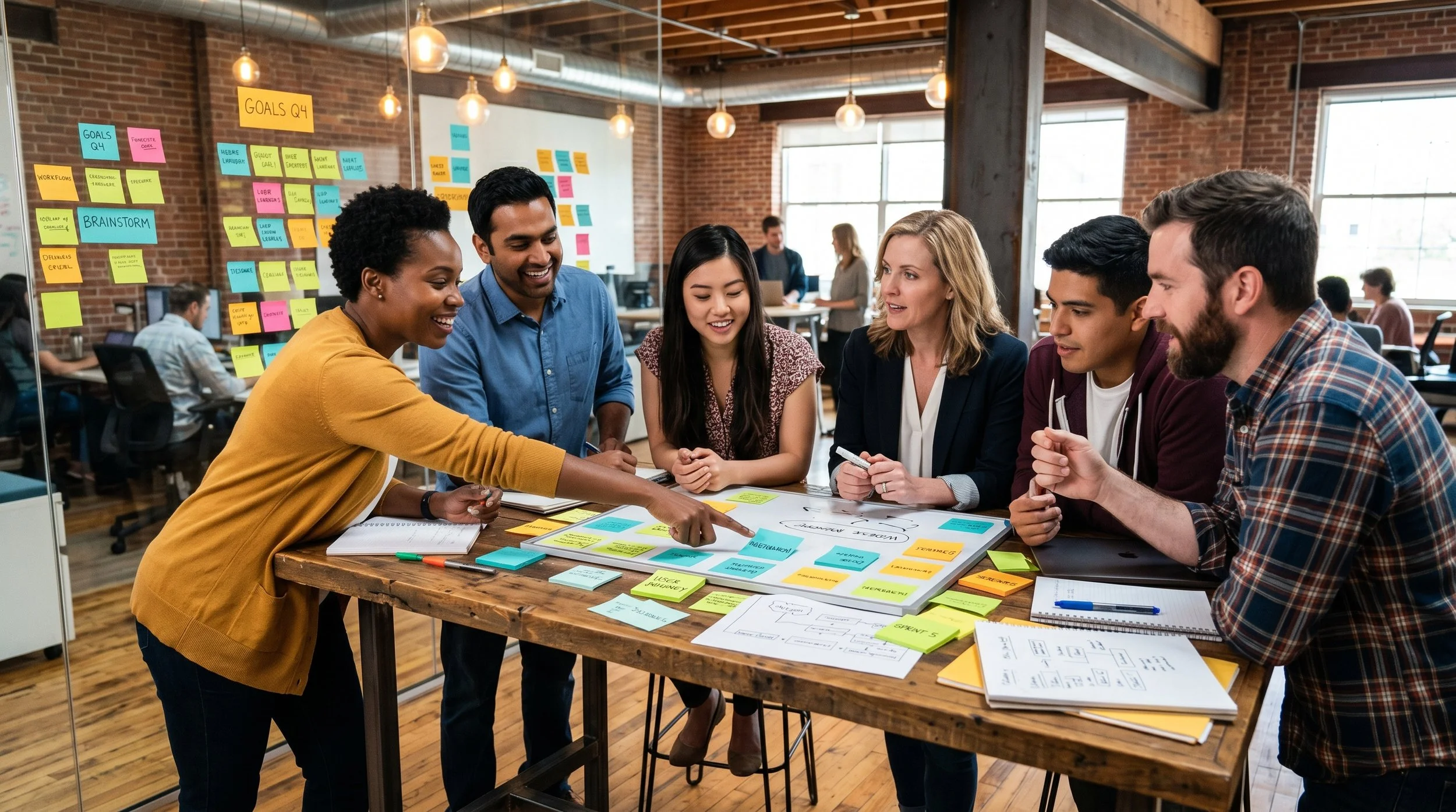 A small team having an open, honest conversation in a bright office lounge to rebuild trust and morale