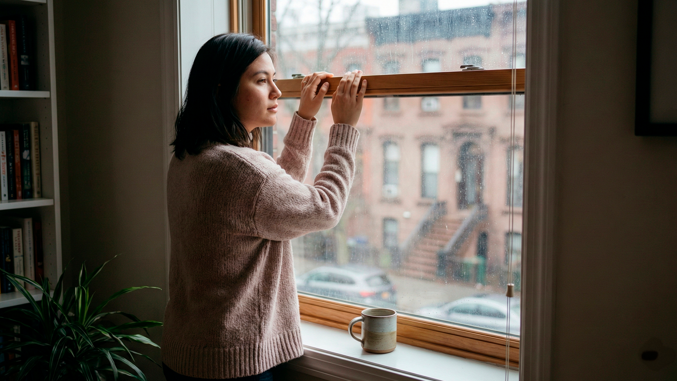 Woman standing by a window holding a coffee mug, pausing to reflect on career goals and future direction.