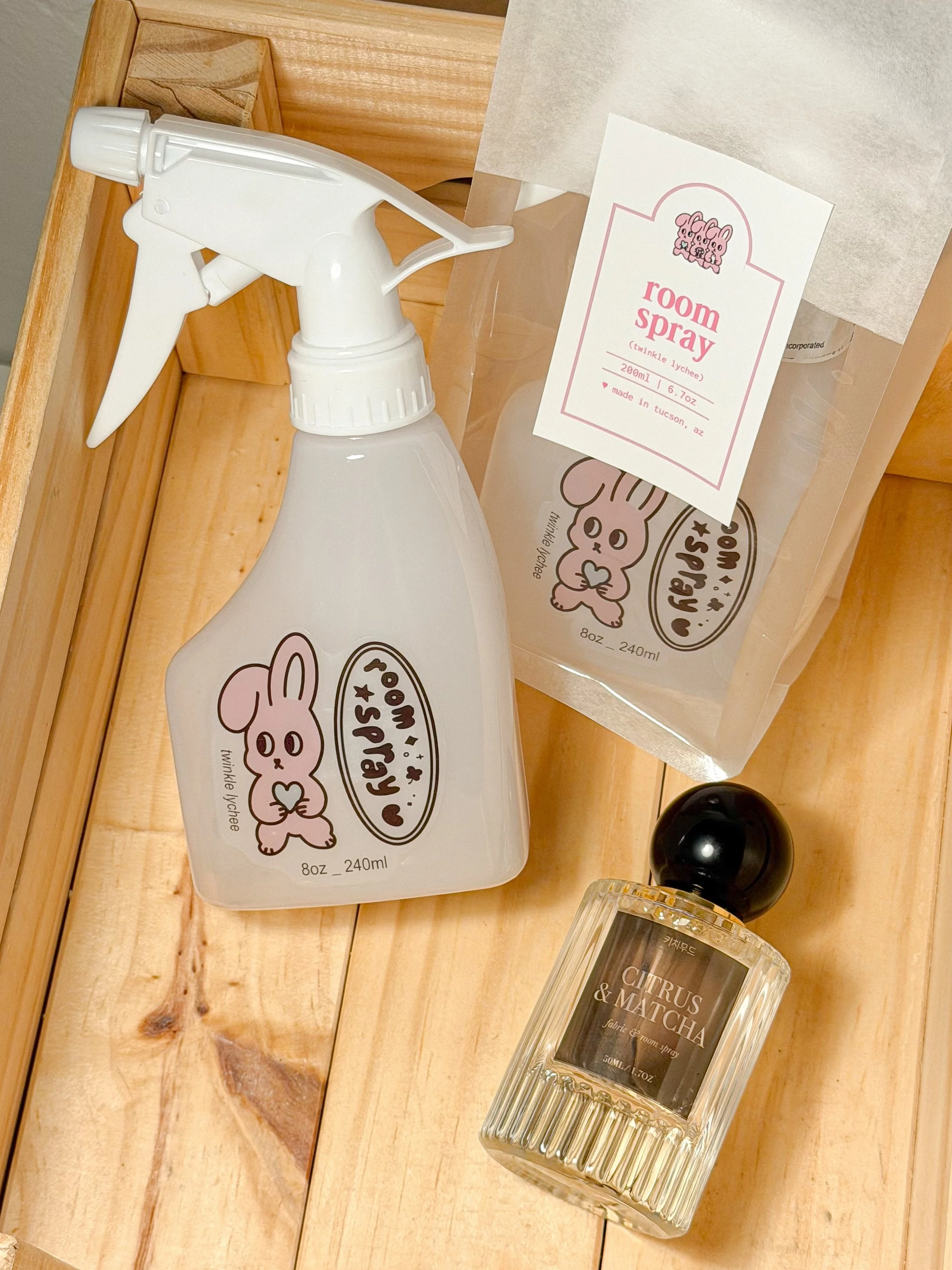 my twinkle lychee room sprays in the limited spray bottle are all sold out 🥹🫶🏻 you guys are awesome, thank you for supporting and loving my stuff! 

the rabbits were hand drawn by me, no AI EVERRRR. labels were printed and hand cut and of course r
