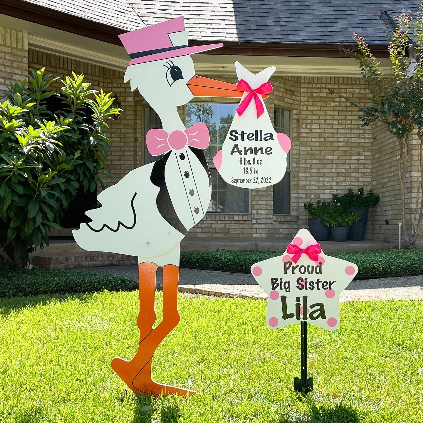Think PINK!!! Celebrate your new arrival with a personalized stork yard sign complete with a keepsake bundle &amp; sibling star! 🩷⭐️