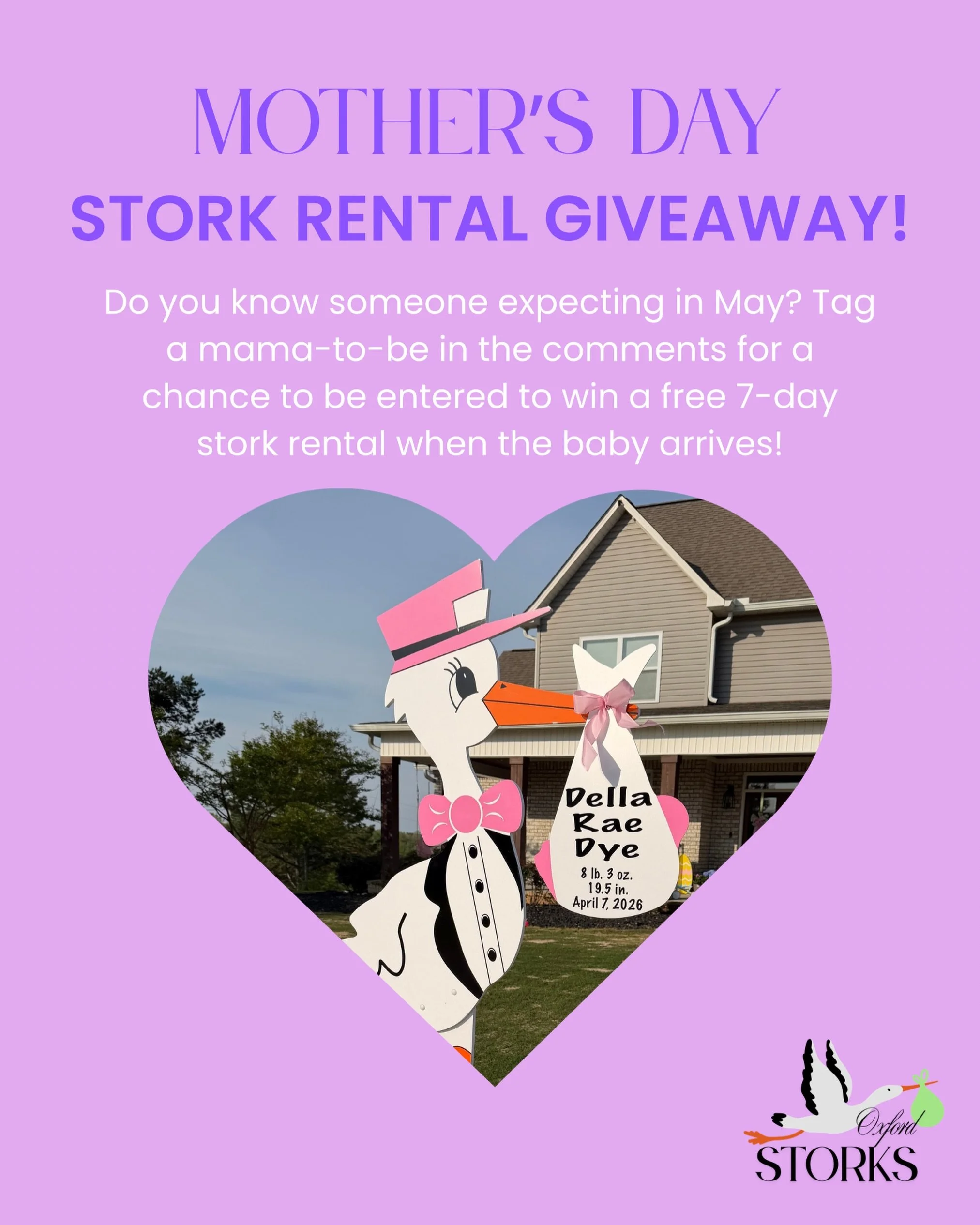 In honor of Mother&rsquo;s Day, we&rsquo;re doing a stork giveaway! 💐👼🏻Comment below to be entered to win a personalized stork when your baby arrives! 💙🩷 Winner announced Monday, May 11!