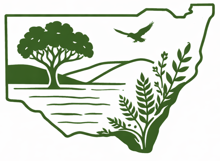 State of NSW with a tree, a bird soaring, and plants, all in green. Ecological Consultant Servicing the Central Coast, Sydney & Hunter Region. Planning, environmental assessment, and approvals, Management Plans, Project Ecologist, GIS Services
