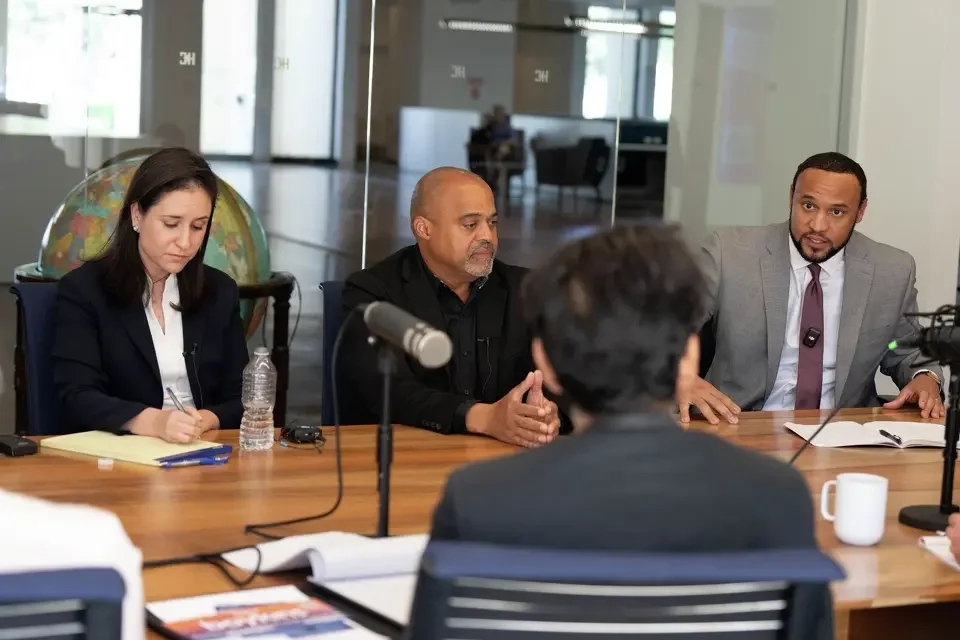  Candidate Jordan Thomas talks with the Editorial Board as he and three other candidates for the Houston City Council At Large 4 seat talk about their positions at the Houston Chronicle in Houston, TX on Friday October 3, 2025.  Sharon Steinmann/Hous