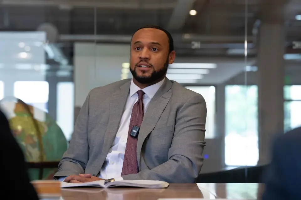  Candidate Jordan Thomas talks with the Editorial Board as he and three other candidates for the Houston City Council At Large 4 seat talk about their positions at the Houston Chronicle in Houston, TX on Friday October 3, 2025.  Sharon Steinmann/Hous